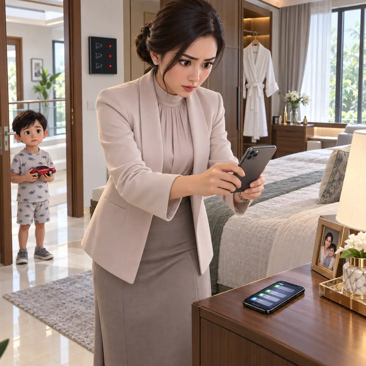 Aku pulang kerja, menutup pintu kamar untuk berganti pakaian, ketika putraku yang baru berusia lima tahun tiba-tiba berbisik sesuatu yang membuat darahku seolah berhenti mengalir: “Bunda… Ayah mencium tante yang pakai jubah mandi Bunda. Tapi itu rahasia.” Setelah tujuh tahun mempercayai pernikahanku, aku hanya menatapnya dan berkata pelan, “Kamu tidak melakukan kesalahan apa pun.” Malam itu, aku memeriksa rekaman kamera keamanan rumah yang entah kenapa selalu dimatikan pada waktu-waktu tertentu—dan akhirnya aku mengerti mengapa ibu mertuaku selalu datang tepat sebelum sesuatu terjadi.