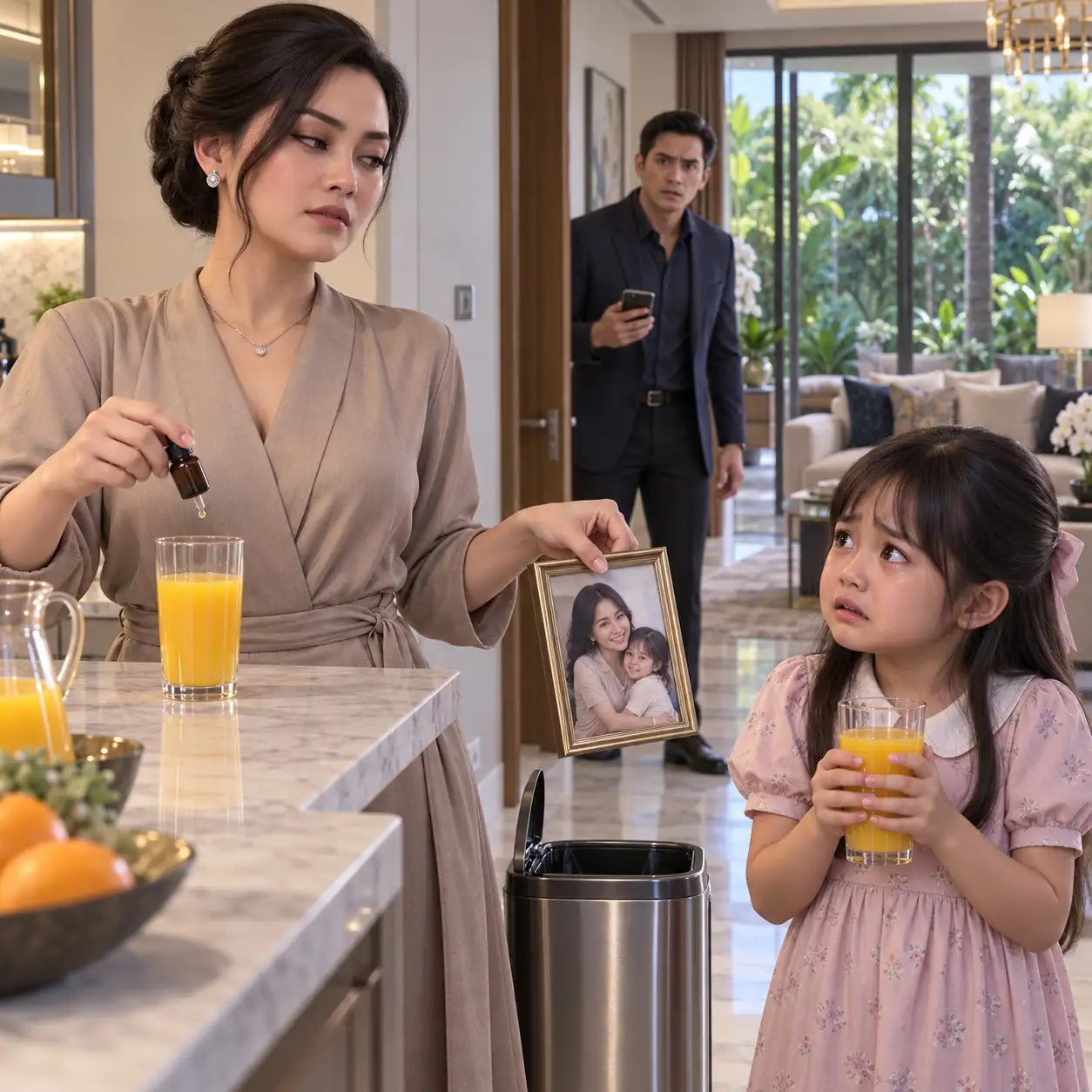 Putriku menarik lenganku tepat sebelum aku berangkat ke Surabaya dan berbisik, “Ayah, kalau Ayah pergi, Tante Beatriz akan memasukkan tetesan itu lagi ke jusku.”  Di dapur, istriku tersenyum sambil memegang cangkir, sementara putriku diam-diam menyembunyikan foto mendiang ibunya.  Istriku menatapnya dan berkata dingin,  “Kalau kamu tidak mau minum, foto-foto ibumu akan kubuang.”  Aku tidak berteriak.  Aku membatalkan penerbanganku.  Dan malam itu, melalui kamera tersembunyi, aku melihat sebuah botol yang jauh lebih kuat diletakkan di atas meja.