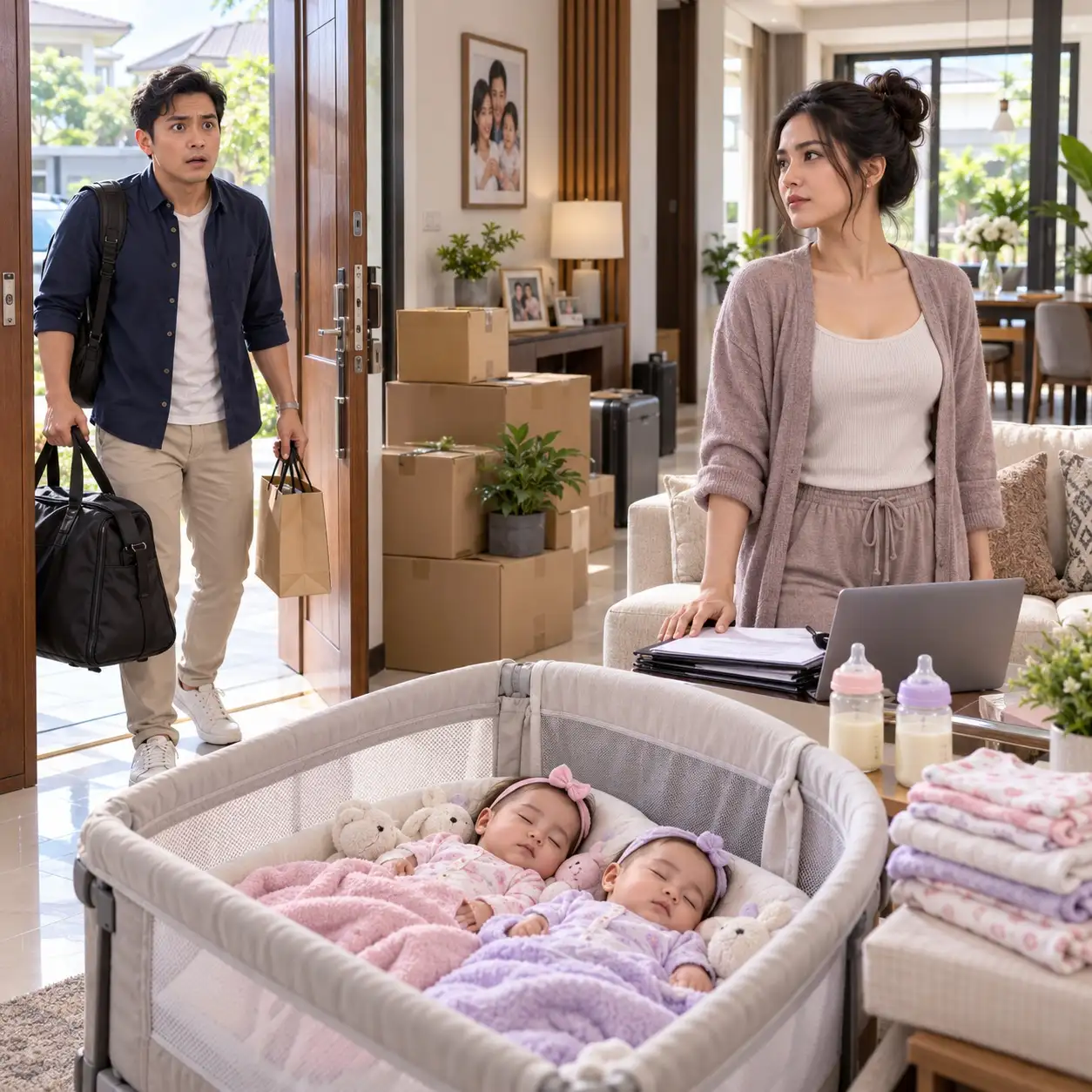 SUAMIKU BILANG, “KAMU YANG MAU JADI IBU, JADI URUS SENDIRI,” LALU MENINGGALKANKU SENDIRIAN DENGAN BAYI KEMBAR KAMI YANG BARU BERUSIA ENAM BULAN — TAPI SAAT DIA PULANG, DIA LANGSUNG TERDIAM DI DEPAN PINTU.