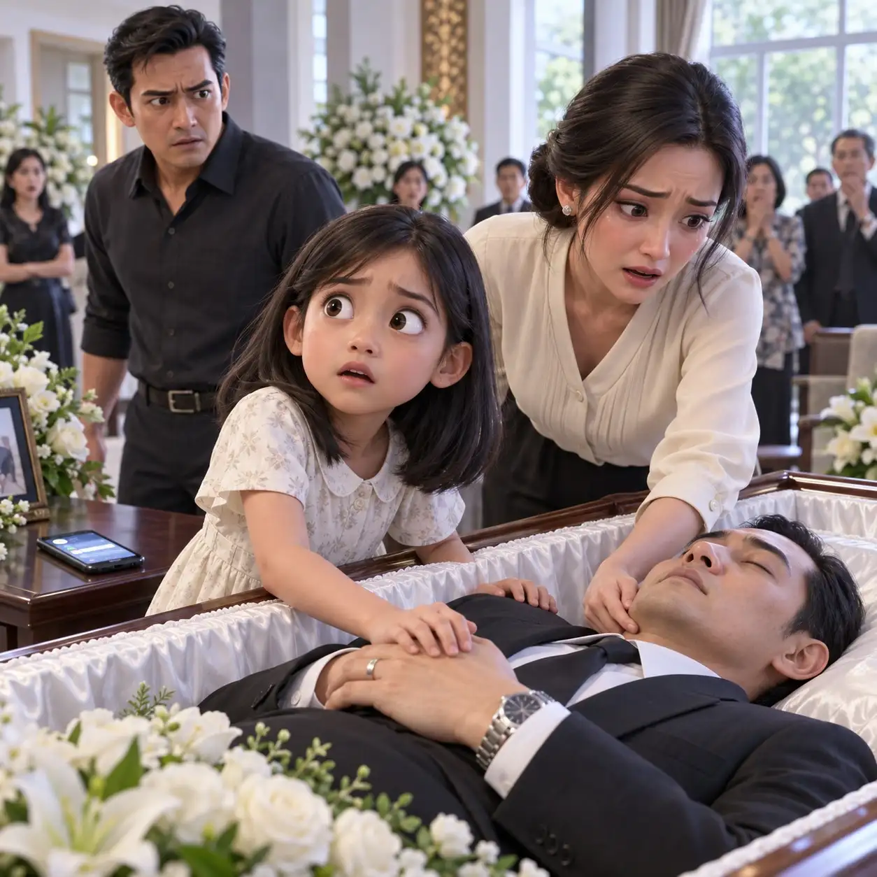 SELAMA BERJAM-JAM, PUTRIKU YANG BERUSIA DELAPAN TAHUN MENOLAK MENJAUH DARI PETI JENAZAH AYAHNYA, MESKI SELURUH KELUARGA TERUS MEMBUJUKNYA. LALU DIA MENATAPKU DAN BERBISIK, “MAMA… AYAH BELUM MENINGGAL.”