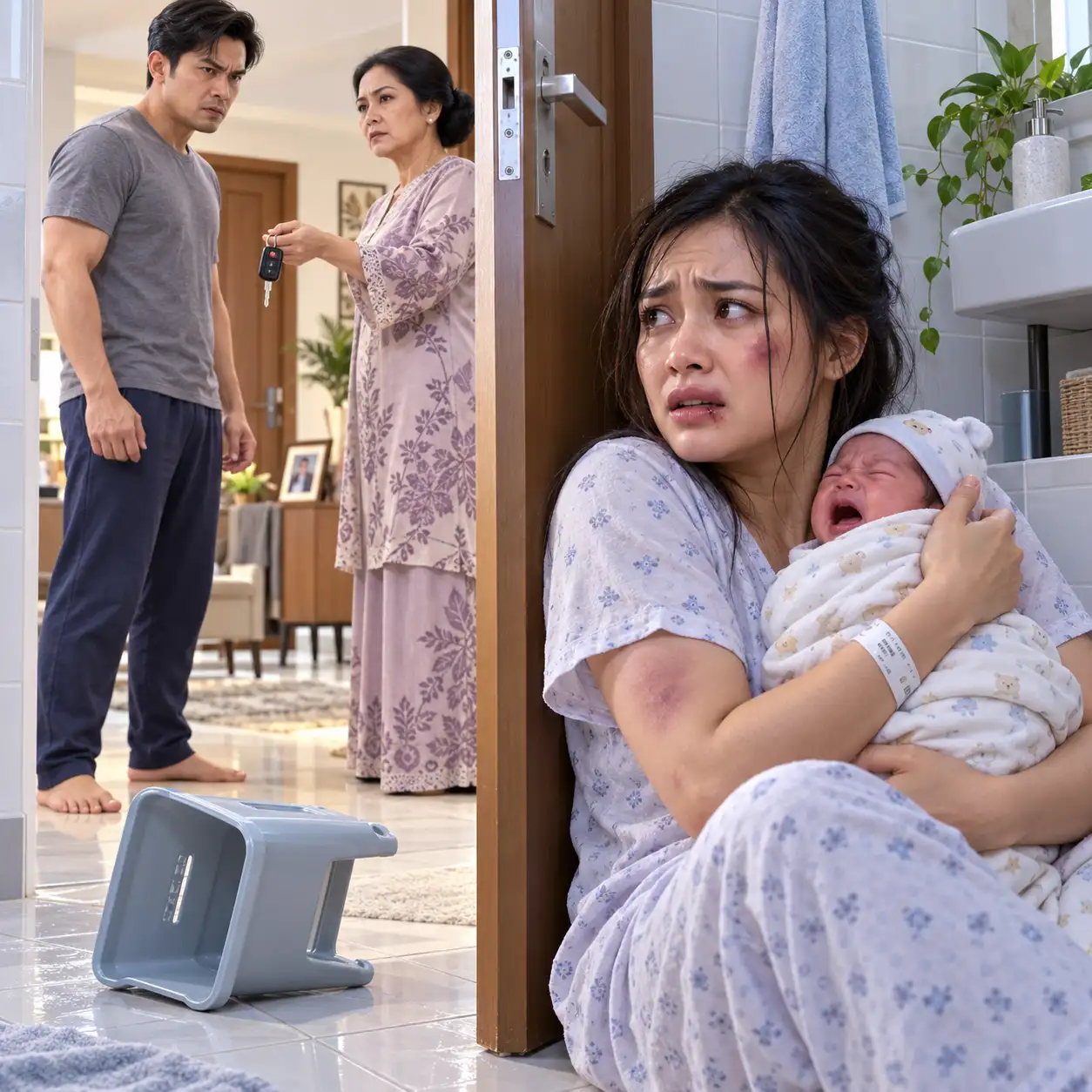 Aku masih duduk di toilet ketika suamiku menjambak rambutku, menyeretku keluar ke lorong dalam keadaan pakaian belum rapi, lalu membanting bahuku ke kusen pintu hanya karena bayi kami kembali menangis dan membuatnya tidak bisa tidur.