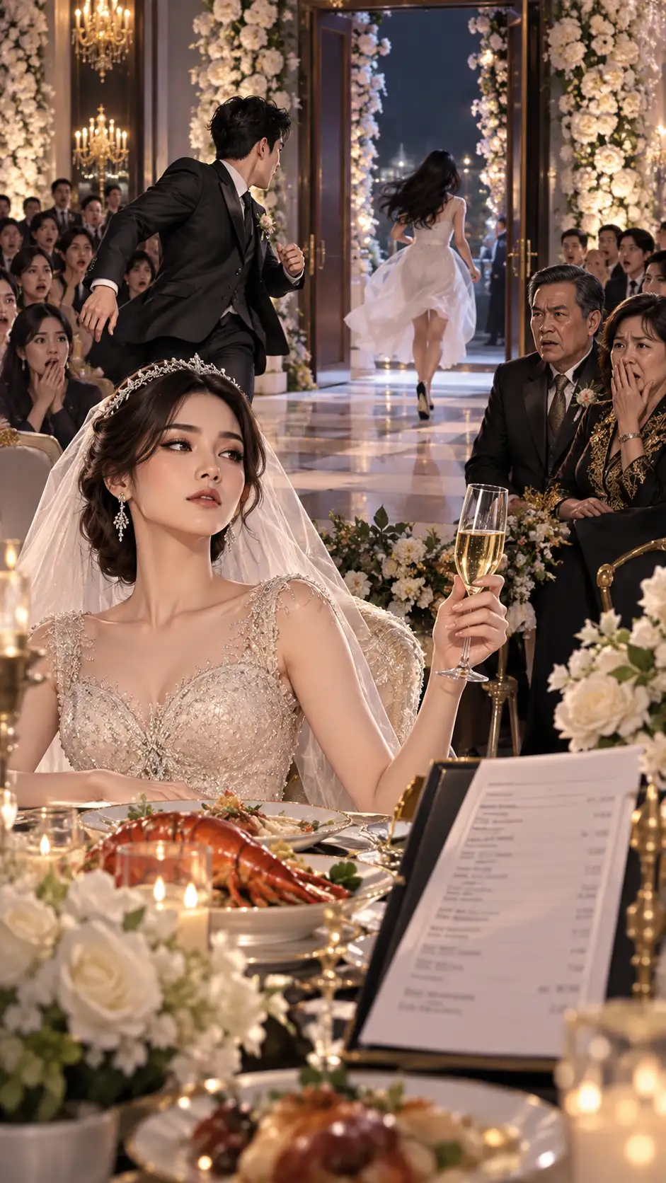 Di Depan Ratusan Tamu, Calon Suamiku Mengejar Perempuan Bergaun Putih—Aku Malah Membuka Pesta, Lalu Satu Tagihan Membuat Keluarganya Kehilangan Senyum Malam Itu